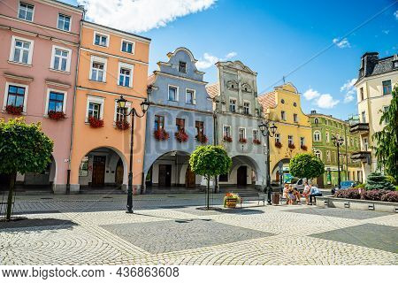 Jawor, Poland - August 08, 2021. Architecture Of Colored Buildings In Main Square