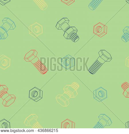 Seamless Pattern With Contour Bolts And Nuts On A Green Background. Isometric 3d Vector Illustration