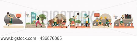 Basketball Player Set, Vector Illustration. Athletes Dribbling, Throwing Ball In Basket, Jumping, Ma
