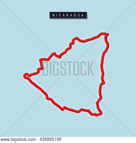 Nicaragua Bold Outline Map. Glossy Red Border With Soft Shadow. Country Name Plate. Vector Illustrat