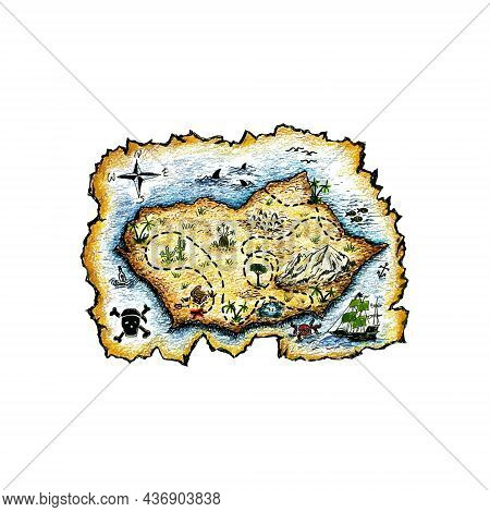 The Treasure Map Drawing Is Made With Colored Pencils And Black Liner.