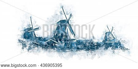 Watercolor art  of windmills in the style of the popular Delft blue painting. Popular painting of Holland. Art image on a white background. Holland, Europe. Based on a real photo.