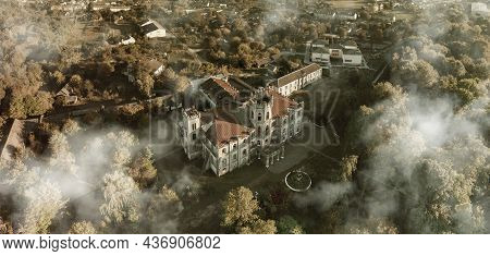 Aerial View Of Ruined Castle In Neo-gothic Style, Ukraine