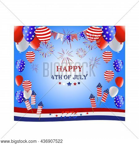 4th Of July, Happy Independence Day Banner Vector Illustration, Usa Flag Waving On Blue Star Pattern