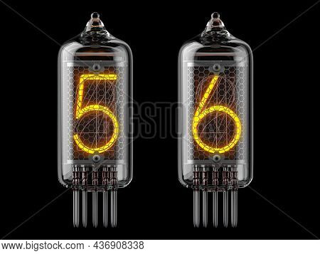 Nixie tube indicator. Number 5 five and 6 six on black background. 3d illustration