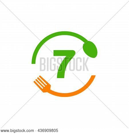 Restaurant Logo Design On Letter 7 With Spoon And Fork Concept Template. Kitchen Tools, Food Icon. C