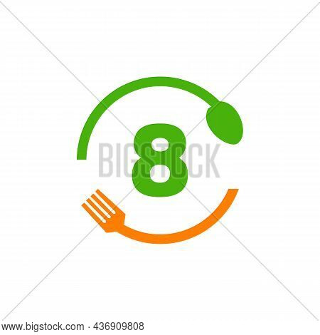 Restaurant Logo Design On Letter 8 With Spoon And Fork Concept Template. Kitchen Tools, Food Icon. C