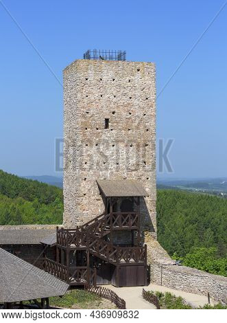 Checiny, Kielce, Poland - May 3, 2017: 13th Century Checiny Castle, Ruins Of Medieval Stronghold. It