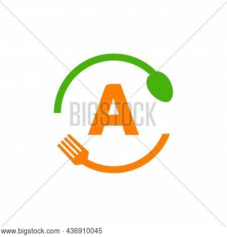 Restaurant Logo Design On Letter A With Spoon And Fork Concept Template. Kitchen Tools, Food Icon. C