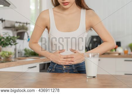 Pain, Allergy Asian Young Woman, Girl Hand In Belly Suffer After Drink Glass Of Milk, Unhappy And Ba