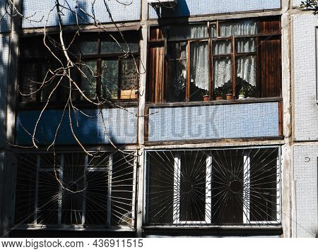 Soviet Recess Balcony. Soviet Residential Five-story Panel House, Built During The Brezhnev Era. Sov