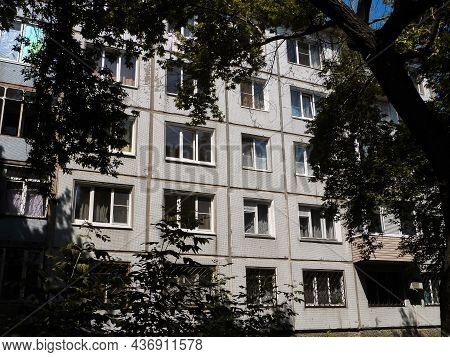Soviet Residential Five-story Panel House, Built During The Brezhnev Era. Soviet Architecture.