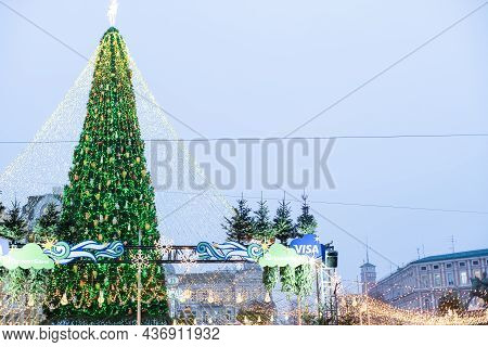 Kyiv, Ukraine, January 5, 2021: The Main Kyivs New Year Tree On Sophia Square In Kyiv, Ukraine