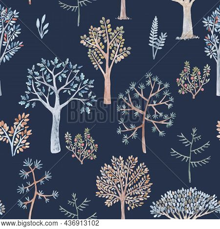 Beautiful Vector Winter Seamless Pattern With Hand Drawn Watercolor Cute Trees. Stock Illustration.