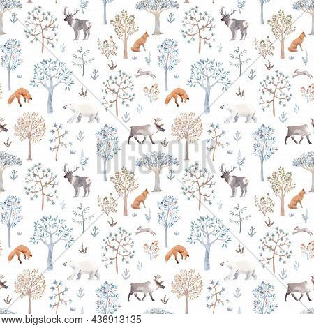 Beautiful Vector Winter Seamless Pattern With Hand Drawn Watercolor Cute Trees And Forest Bear Fox D