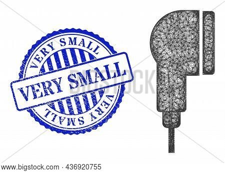 Vector Network Small Earphone Wireframe, And Very Small Blue Rosette Unclean Stamp Seal. Linear Carc