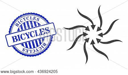 Vector Network Anticyclone Rotation Arrows Frame, And Bicycles Blue Rosette Corroded Stamp Seal. Lin