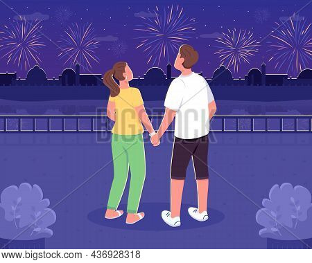 Watching Fireworks Together Flat Color Vector Illustration. Romantic Date Night. Boyfriend And Girlf