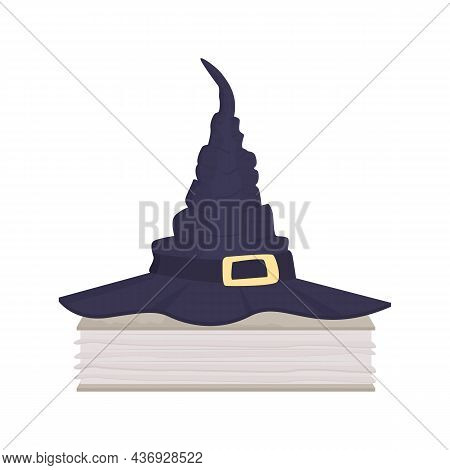 Witch Hat On Spooky Book Semi Flat Color Vector Item. Wizard Headwear. Realistic Object On White. Ha