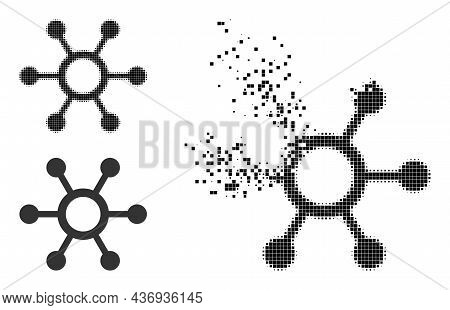 Dissolved Pixelated Central Links Icon With Halftone Version. Vector Wind Effect For Central Links I