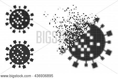 Damaged Pixelated Digital Virus Cell Pictogram With Halftone Version. Vector Destruction Effect For 