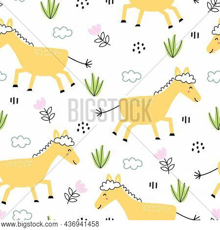 Cute Seamless Pattern For Kids Animal Cartoon Background With Horses And Trees Children's Style Hand