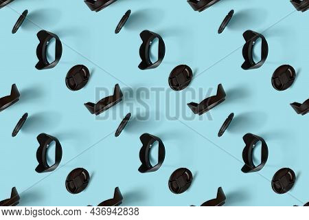 A Pattern Of Photo Accessories - Lens Caps And Lens Hoods.