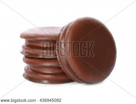 Delicious Choco Pies On White Background. Classic Snack Cakes