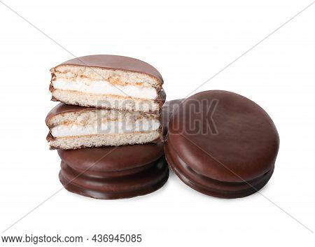 Delicious Choco Pies On White Background. Classic Snack Cakes