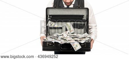 Cropped Briber Holding Case Full Of Dollar Cash Isolated On White Background, Corruption