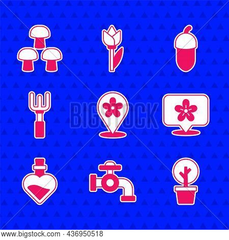 Set Location With Flower, Water Tap, Forest, Bottle Love Potion, Garden Rake, Acorn And Mushroom Ico