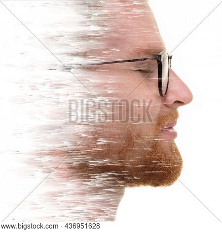 A profile portrait of a European man with visual distortion. Double exposure.