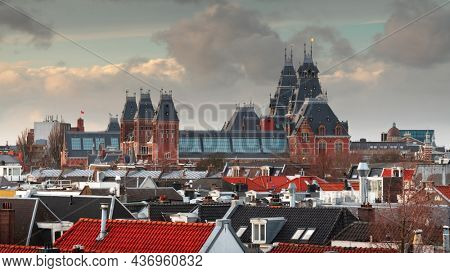 Amsterdam, Netherlands view of the cityscape from De Pijp at dusk.