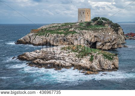 Old Fortress On Green Island Inside The Sea. Old Castle In Sea, Ocean With A Beautiful Sky In Backgr