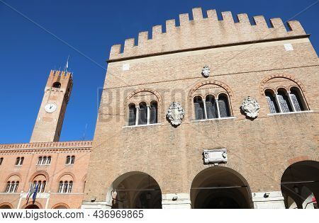 Ancient Palace Called Palazzo Dei Trecento And The Old Civictower With Big Clock In Main Square Of T