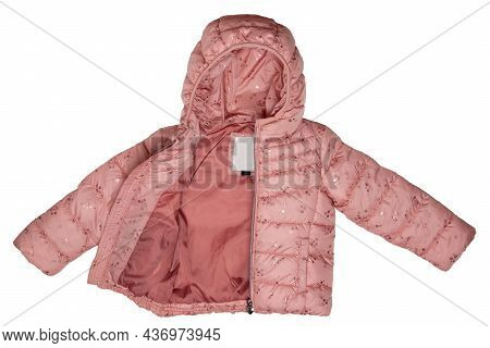 Childrens Winter Jacket. Stylish Pink Warm Winter Down Jacket For Kids Isolated On A White Backgroun