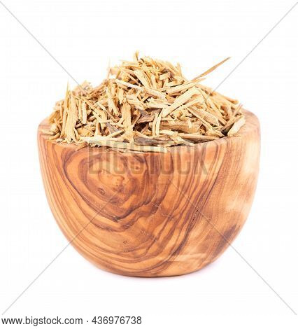 Muira Puama Herbal Tea In Olive Bowl, Isolated On White Background. Natural Potency Wood, Medicinal 