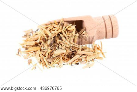 Muira Puama Herbal Tea In Wooden Scoop, Isolated On White Background. Natural Potency Wood, Medicina