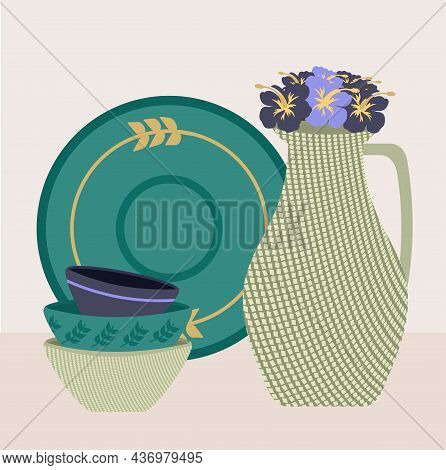 Ceramic Kitchenware With A Floral Pattern. Vase With Violets.
