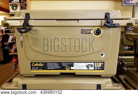 Newark, Delaware, U.s.a - June 14, 2021 - A Light Tanned Cooler Made By Cabela's
