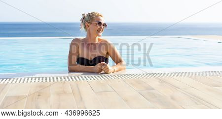 Lifestyle Summer Vacation Concept, Women In Swimsuit Relax On The Pool, Young Sexy Woman In Bikini N