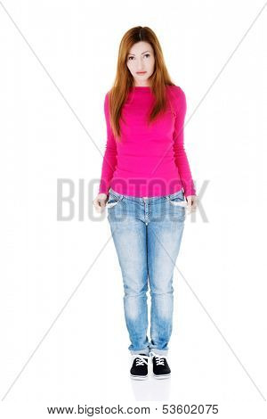 Beautiful woman standing and showing her empty pockets. Isolated on white. 