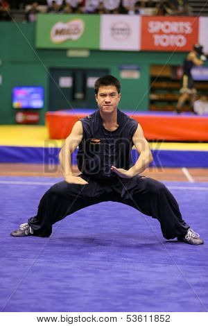 KUALA LUMPUR - NOV 03: Cedric Chung of Australia shows his fighting style in the 'nan quan compulsory' event at the 12th World Wushu Championship on November 03, 2013 in Kuala Lumpur, Malaysia.