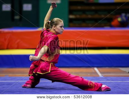 KUALA LUMPUR - NOV 03: Temna Liudmyla of Ukraine shows her fighting style in the 'changquan compulsory' event at the 12th World Wushu Championship on November 03, 2013 in Kuala Lumpur, Malaysia.