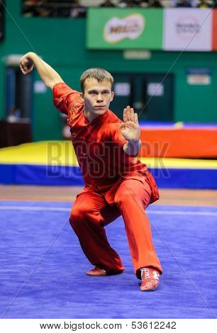 KUALA LUMPUR - NOV 03: Russia's Ilyas Khusnutdinov shows his fighting style in the 'changquan compulsory' event at the 12th World Wushu Championship on November 03, 2013 in Kuala Lumpur, Malaysia.