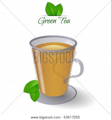 Green Tea Glass Cup And Green Leaves.