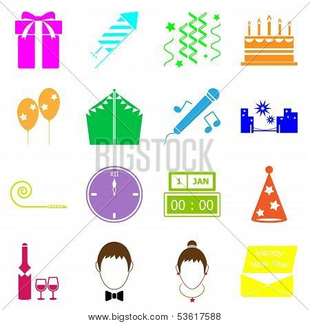 New Year Colorful Icons On White Background