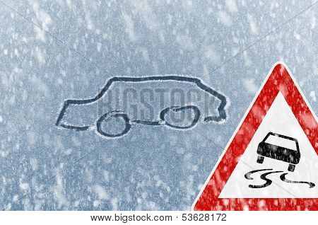 Winter driving - sketched car on a windshield