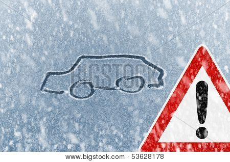 Winter driving - sketched car on a windshield