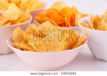 Potato And Wheat Chips In Bowls